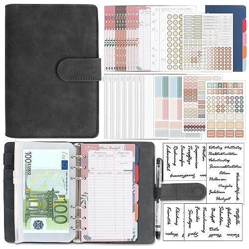 BIROYAL Budget Planner Deutsch, A6 PU Leder Budget Binder, Finanzplaner Cash Stuffing, Geld Organizer Sparbuch mit Folien, Haushaltsbuch mit Geldfächer, Geld Sparen Mappe für Sinking Funds, Schwarz von BIROYAL