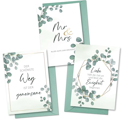 BIROYAL Hochzeitskarte 3er Set | Glückwunschkarten mit Umschlag zur Hochzeit | Liebevolle Hochzeitsgrußkarten von BIROYAL