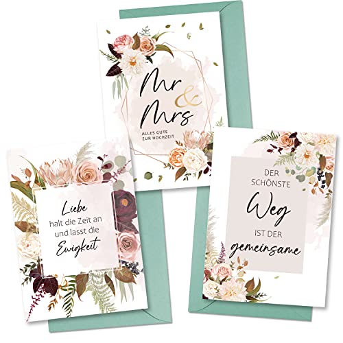 BIROYAL Hochzeitskarte 3er Set | Glückwunschkarten mit Umschlag zur Hochzeit | Liebevolle Hochzeitsgrußkarten von BIROYAL