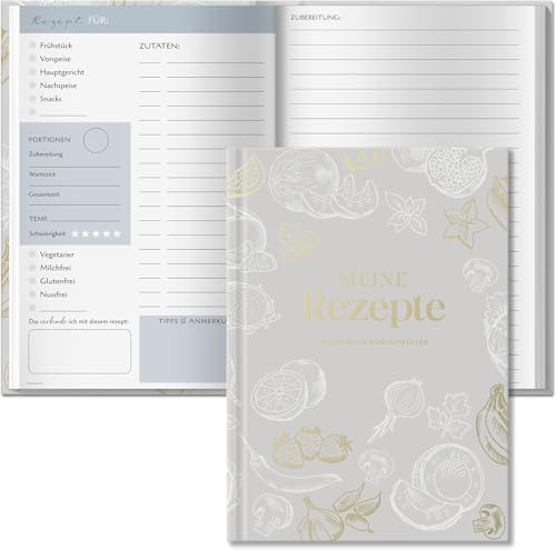 BIROYAL Rezeptbuch Zum Selberschreiben A5 - Kochbuch Selbst Schreiben, 224 Seiten, DIY 100 Lieblingsrezepte, Backbuch | Meine Rezepte | Hardcover, Grau mit Goldprägung von BIROYAL