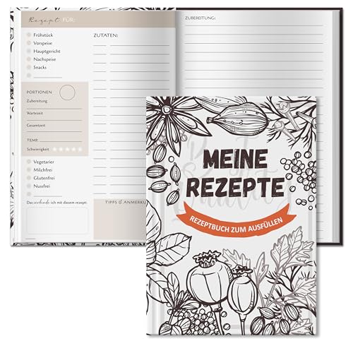 BIROYAL Rezeptbuch Zum Selberschreiben A5 - Kochbuch Selbst Schreiben, 224 Seiten, DIY 100 Lieblingsrezepte, Backbuch | Meine Rezepte | Hardcover (Handgezeichnete Pflanzen) von BIROYAL
