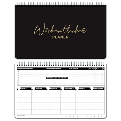 BIROYAL Wochen-Tischkalender Undatiert | Wochenkalender Terminkalender mit Habit Tracker, To Do Listen Block | 52 Wochen | Wochenplaner im Quer Format, Schwarz (290mm x 172mm) von BIROYAL