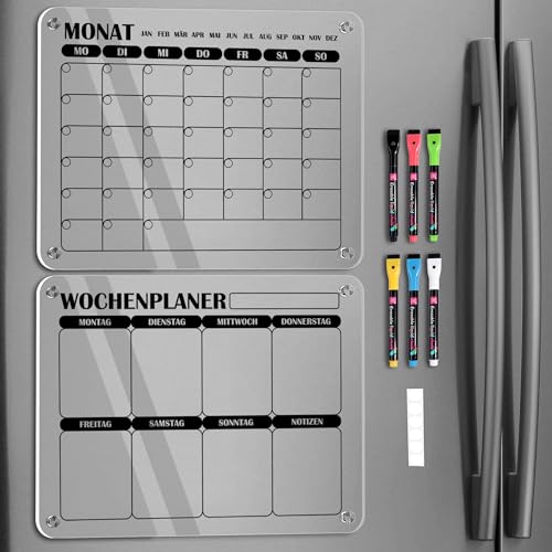 BIROYAL 2pcs Magnetic Monatsplaner und Wochenplaner Abwischbar mit 6 Markers, 40x30 cm Magnettafel Kühlschrank Acrylic, To Do Liste Abwischbar, Planungstafeln, Putzplan, Kühlschrank Kalender von BIROYAL