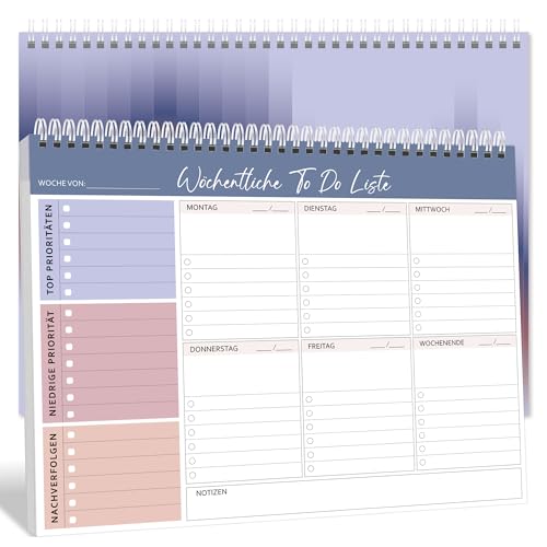 BIROYAL Wochenplaner Block A4 ohne festes Datum (52 Seiten), Schreibtischunterlage mit ToDo Liste, Spiral-Wochenkalender mit Wochenübersicht&Habit-Tracker für Termine, Aufgaben& Notizen, Blau Mosaike von BIROYAL