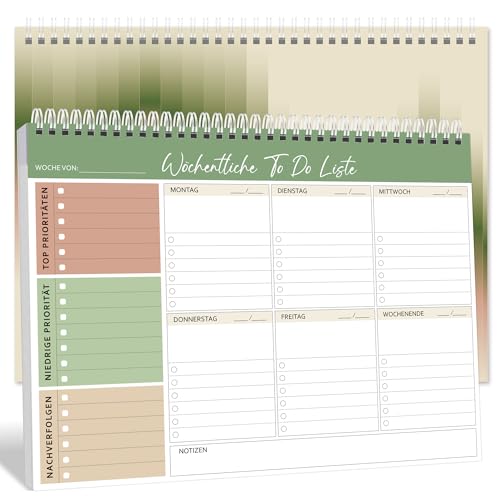 BIROYAL Wochenplaner Block ohne festes Datum (52 Seiten), Schreibtischunterlage mit ToDo Liste, Spiral-Wochenkalender mit Wochenübersicht&Habit-Tracker für Termine, Aufgaben& Notizen, Grün Mosaike von BIROYAL