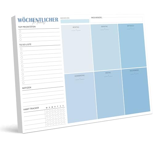 BIROYAL Wochenplaner Block A4 ohne festes Datum (50 Seiten), Schreibtischunterlage mit ToDo Liste, Wochenkalender Wochen Planer mit Wochenübersicht&Habit-Tracker für Termine, Aufgaben& Notizen (Blau) von BIROYAL