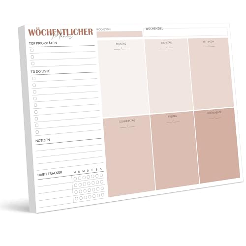 BIROYAL Wochenplaner Block A4 ohne festes Datum (50 Seiten), Schreibtischunterlage mit ToDo Liste, Wochenkalender Wochen Planer mit Wochenübersicht&Habit-Tracker für Termine, Aufgaben& Notizen (Braun) von BIROYAL