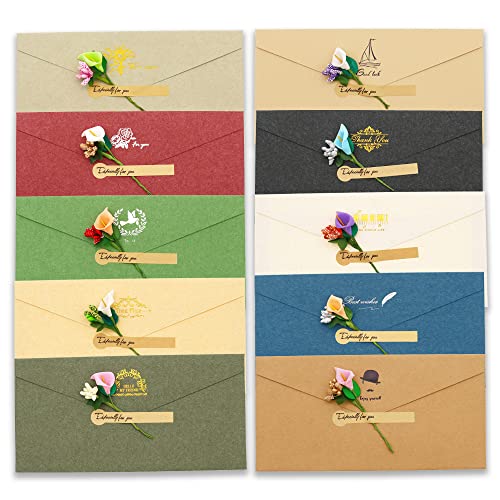 BITEYI 10 Stück Vintage Kraftpapier Umschläge mit Grußkarten Handgefertigte Getrocknete Blumen und Aufkleber,für Geburtstags Hochzeits Einladungen Postkarten Dankeskarten(Mehrfarbig) von BITEYI