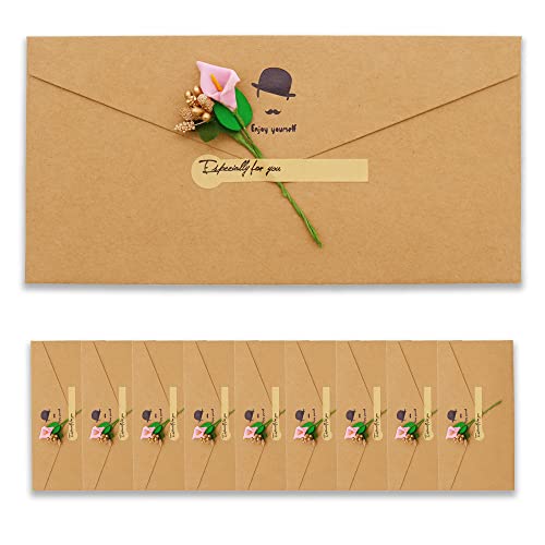 BITEYI 10 Stück Vintage Kraftpapier Umschläge mit Grußkarten Handgefertigte Getrocknete Blumen und Aufkleber,für Geburtstags Hochzeits Weihnachtens Einladungen Postkarten(Kaffeefarbe) von BITEYI