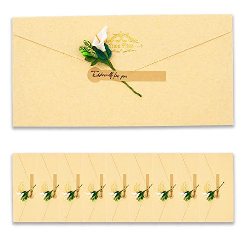 BITEYI 10 Stück Vintage Kraftpapier Umschläge mit Grußkarten Handgefertigte Getrocknete Blumen und Aufkleber,für Geburtstags Hochzeits Weihnachtens Party Einladungen Postkarten (Gelb) von BITEYI