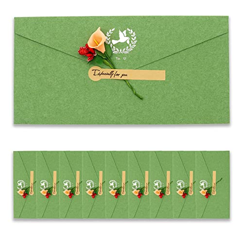 BITEYI 10 Stück Vintage Kraftpapier Umschläge mit Grußkarten Handgefertigte Getrocknete Blumen und Aufkleber,für Geburtstags Hochzeits Weihnachtens Party Einladungen Postkarten (Grün) von BITEYI