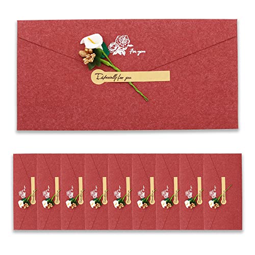 BITEYI 10 Stück Vintage Kraftpapier Umschläge mit Grußkarten Handgefertigte Getrocknete Blumen und Aufkleber,für Geburtstags Hochzeits Weihnachtens Party Einladungen Postkarten (Rot) von BITEYI