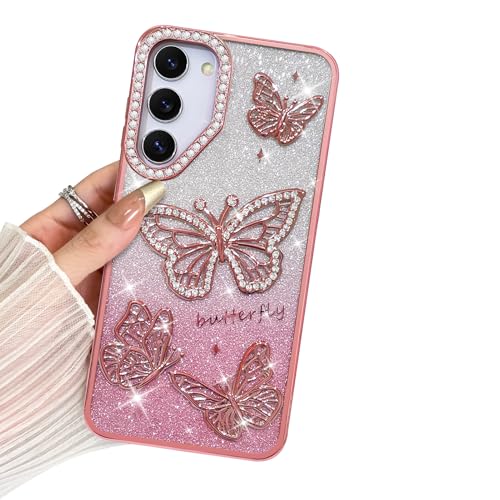 BITOBE Entworfen für Samsung Galaxy S23 Plus, niedliche 3D-Schmetterlinge, schlanke Beschichtung, Glitzer, Bling Luxus-Strass-Abdeckung für Frauen und Mädchen, schützender Kameraschutz, Stoßstange von BITOBE