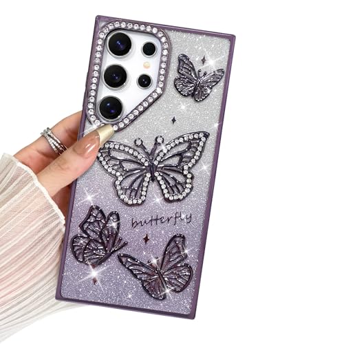 BITOBE Entworfen für Samsung Galaxy S24 Ultra, niedliche 3D-Schmetterlinge, schlanke Beschichtung, Glitzer, Bling Luxus-Strass-Abdeckung für Frauen und Mädchen, schützender Kameraschutz, Stoßstange von BITOBE