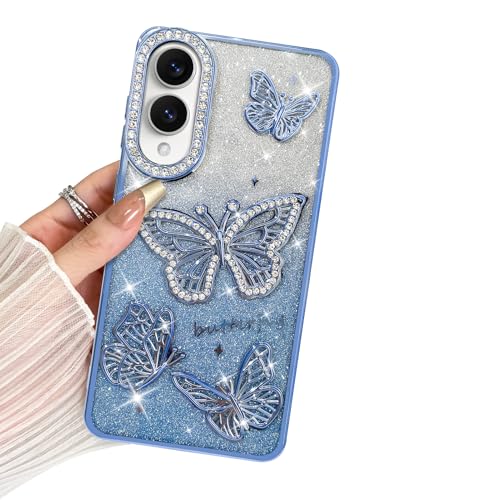 BITOBE Entworfen für Samsung Galaxy S25 EABE, niedliche 3D-Schmetterlinge, schlanke Beschichtung, Glitzer, Bling Luxus-Strass-Abdeckung für Frauen und Mädchen, schützender Kameraschutz, Stoßstange von BITOBE