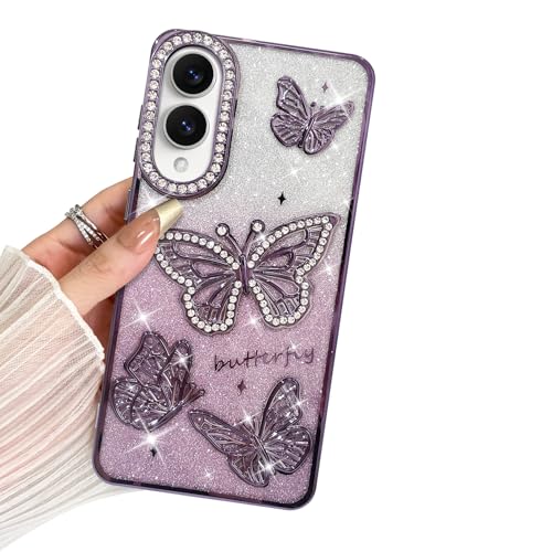BITOBE Entworfen für Samsung Galaxy S25 EABE, niedliche 3D-Schmetterlinge, schlanke Beschichtung, Glitzer, Luxus-Strass-Abdeckung für Frauen und Mädchen, schützender Kameraschutz, Stoßstange, 6,6 Zoll von BITOBE