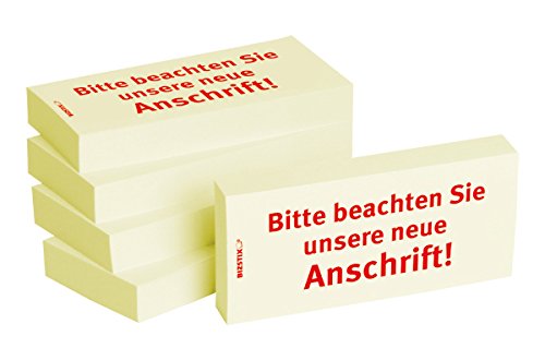 BIZSTIX® Business Haftnotizen"Beachten Sie unsere neue Anschrift!" - 1 Packung mit 5 Haftnotizblöcken zu je 100 Blatt, 75 x 35 mm von BIZSTIX