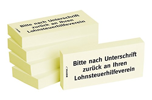 BIZSTIX® Business Haftnotizen "Bitte nach Unterschrift zurück an Ihren Lohnsteuerhilfeverein" - 1 Packung mit 5 Haftnotizblöcken zu je 100 Blatt, 75 x 35 mm von BIZSTIX