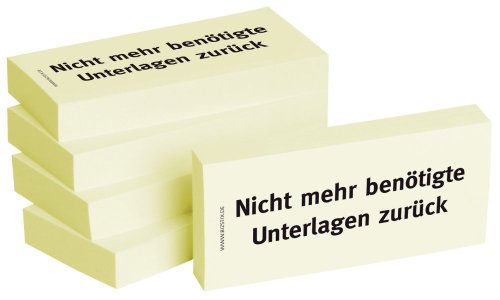 Bedruckte Haftnotizen - Text: Nicht mehr benötigte Unterlagen zurück Ausführung Nicht mehr benötigte Unterlagen zurück Größe (B x H) 75 x 35 mm Inhalt 5 x 100 Blatt von BIZSTIX