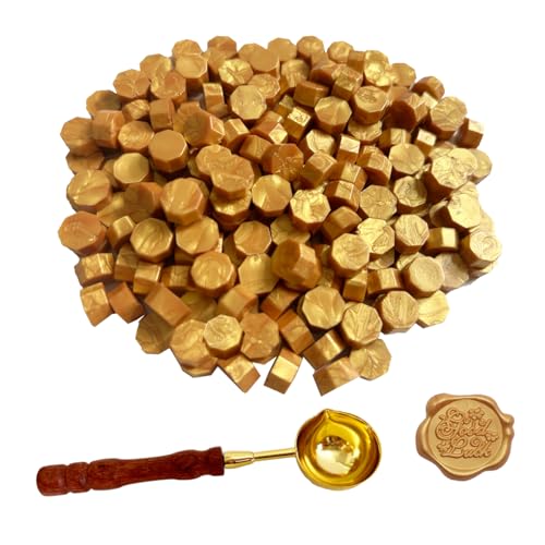 BJOYEE 400 Stück Siegelwachs Gold, Siegelwachs Perlen mit 1 Schmelzlöffel, achteckiges Wachssiegel-Set für Stempel, für Einladungen/Umschläge/Karten/Weinpakete/Geschenkverpackungen von BJOYEE