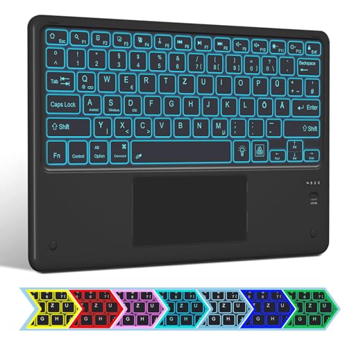 BL Bluetooth-Tastatur mit Touchpad, Kabellose Bluetooth-Tastatur für Tablet iPad kompatibel mit Android/iOS/Windows, QWERTZ Deutsches Layout Kabellose Tastatur mit 7 Farben Beleuchtete USB-C von BL