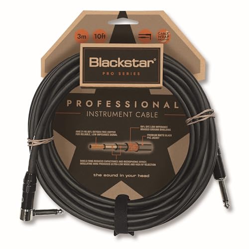 Blackstar Instrumentenkabel der Pro-Serie, 3 m (10 Fuß), gerader 1/4-Zoll-Anschluss, abgewinkelter Stecker für Bass/E-Gitarre/Elektroakustik/Keyboard/Verstärker von BLACKSTAR