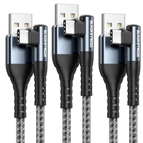 BLACKSYNCZE USB C Kabel 3.1A Schnellladung, [3 Stück 1M+1M+2M] Ladekabel USB C 90 Grad Winkel Nylon Geflochtenes USB Typ C Kabel für Samsung S23 S22 S21 S20fe S10 S9, Huawei P40 P30, Pixel 7, Grau von BLACKSYNCZE