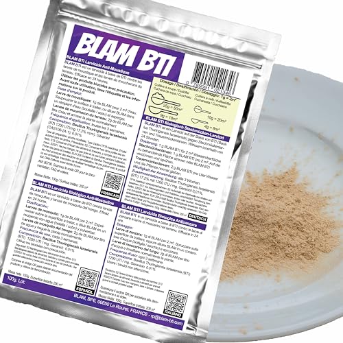 BLAM BTI WP Biologisches Larvizid gegen Mückenlarven für 200m² auf BTI-Basis. Konzentrierte larvizide Formel. Für Swimmingpool/Standwasser/Teich. Baccilus Thurengensis Israelensis (100g) von BLAM