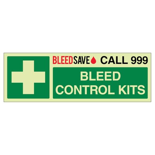 Bleedsave Bleed Control Kit – Call 999 – Querformat, 450 x 150 mm, selbstklebendes Vinyl-Sicherheitsschild von BLEEDSAVE