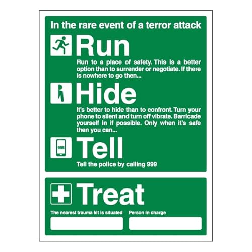 Bleedsave Run, Hide, Tell & Treat – Nearest Trauma Kit/Person in Charge, 300 x 400 mm, selbstklebendes Vinyl-Sicherheitsschild von BLEEDSAVE