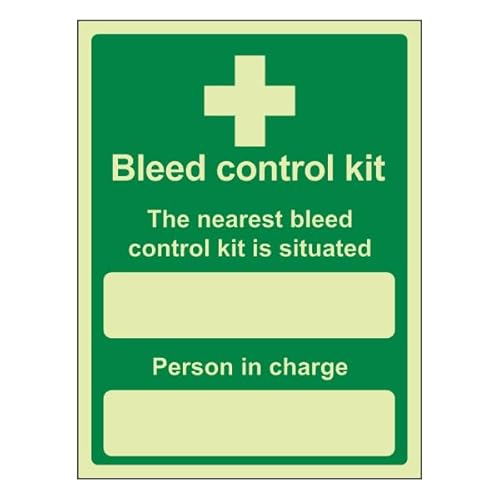 Bleedsave Selbstklebendes Vinyl-Sicherheitsschild "The Nearest Bleed Control Kit Is Situated", Hochformat, 200 x 300 mm, leuchtet im Dunkeln von BLEEDSAVE