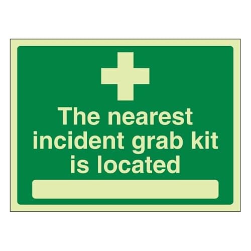 Bleedsave Selbstklebendes Vinyl-Sicherheitsschild "The Nearest Incident Grab Kit Is Located", 200 x 150 mm, leuchtet im Dunkeln von BLEEDSAVE