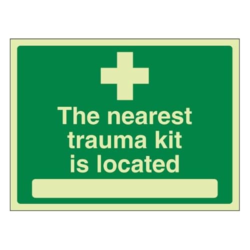 Bleedsave Selbstklebendes Vinyl-Sicherheitsschild "The Nearest Trauma Kit is Located", 200 x 150 mm, leuchtet im Dunkeln von BLEEDSAVE