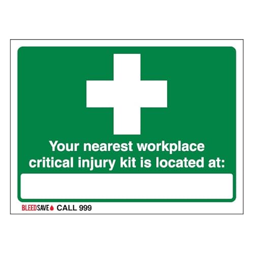 Bleedsave Selbstklebendes Vinyl-Sicherheitsschild "The Nearest Workplace Critical Injury Kit Is Located - Call 999", 200 x 150 mm von BLEEDSAVE