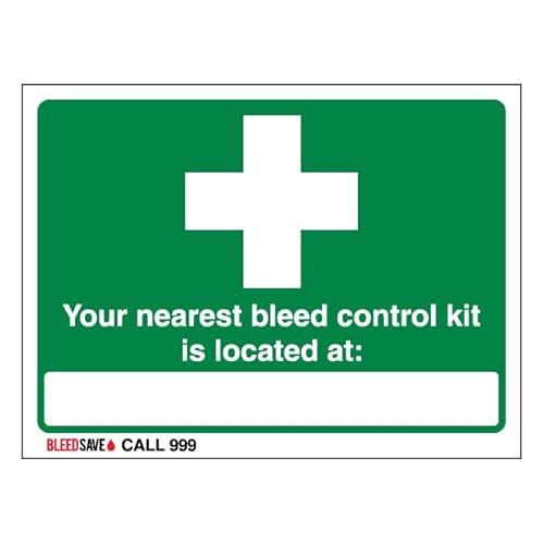 Bleedsave The Nearest Bleed Control Kit Is Located - Call 999 Sicherheitsschild aus Aluminiumverbundstoff, 200 x 150 mm, 3 mm von BLEEDSAVE
