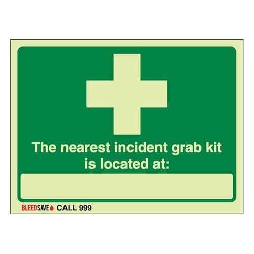 Bleedsave The Nearest Incident Grab Kit Is Located - Call 999, 200 x 150 mm, selbstklebendes Vinyl-Sicherheitsschild, leuchtet im Dunkeln, englischsprachig von BLEEDSAVE