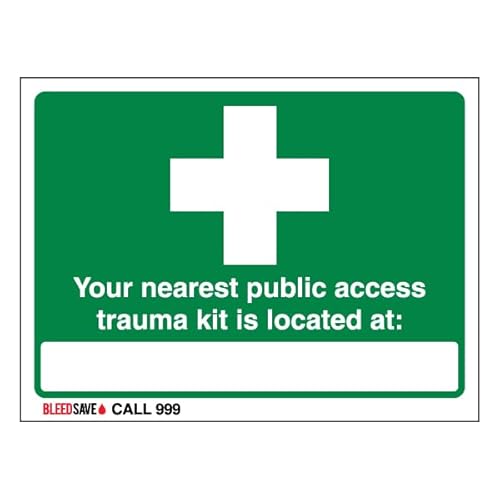 Bleedsave The Nearest Trauma Kit Is Located - Call 999 Sicherheitsschild, 200 x 150 mm, 1 mm, Hartplastik von BLEEDSAVE