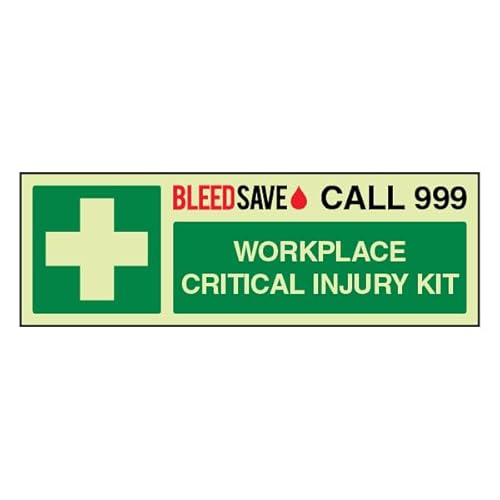 Bleedsave Workplace Critical Injury Kit – Call 999 – Querformat, 300 x 100 mm, selbstklebendes Vinyl-Sicherheitsschild von BLEEDSAVE
