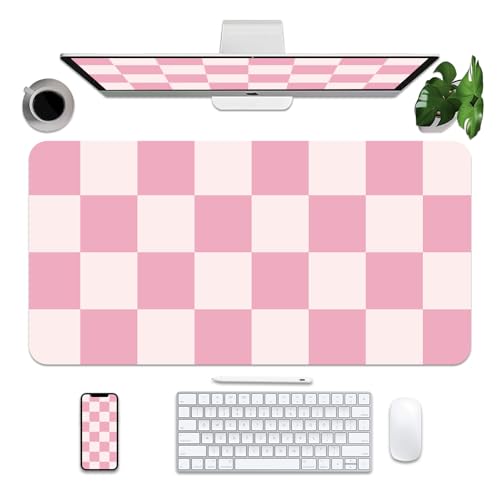 BLESWIN Leder-Mauspad-Schutz, große Schreibtischmatte mit PU-Leder, rutschfeste Schreibtischunterlage, wasserdichte Schreibtisch-Schreibunterlage für Büro und Heim (rosa kariert, 31.5 x 15.7 in) von BLESWIN
