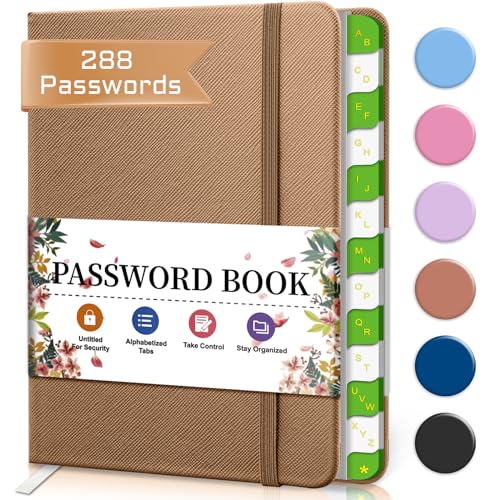 BLESWIN Passwortbuch mit Alphabetischen Tabs, 6.1 * 4.7", Internet Passwortbuch für Website Logins, Hardcover Passwortbuch für Senioren, Nie wieder ein Passwort vergessen - Braun von BLESWIN