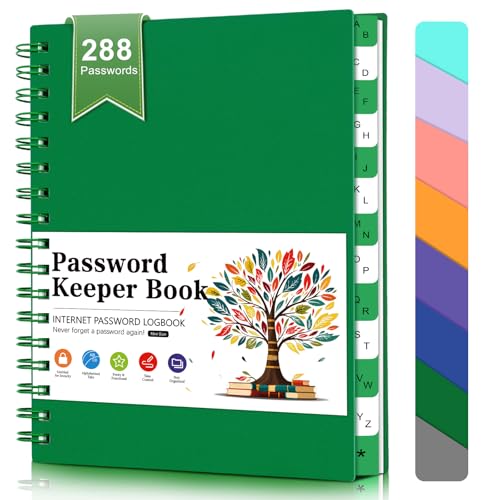 BLESWIN Passwortbuch mit Alphabetischen Registern, 12 x 15,6CM Kleines Passwortbuch, Spiral-Passwortbuch für Senioren, Internet-Passwort-Logbuch für das Büro zu Hause, A bis Z Notizbuch, Dunkelgrün von BLESWIN