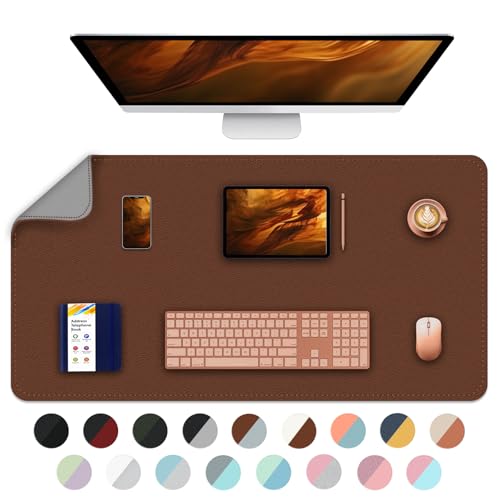 Doppelseitige Schreibtischunterlage, wasserdichte PU-Leder-Schreibtischunterlage, große Mausmatten für den Schreibtisch, Laptop-Schreibtischunterlage für Büro/Haus-Braun+Grau,90 x 43cm von BLESWIN