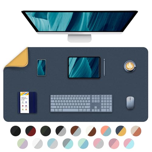 Dunkelblau+GelbBüro, 90x43cm-Schreibtischunterlage, Doppelseitige Schreibtischunterlage, Wasserdichte PU-Leder-Schreibtischunterlage, Laptop-Matte & Mauspad für Heim & Büro von BLESWIN