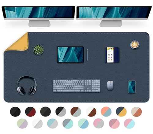 Doppelseitige Schreibtischmatte Büro-Schreibtischunterlage, wasserdichte Schreibtischunterlage Tischschutz, großes Mauspad für Tastatur und Maus, Laptop-Schreibtisch-Dunkelblau+Gelb, 120x60cm von BLESWIN