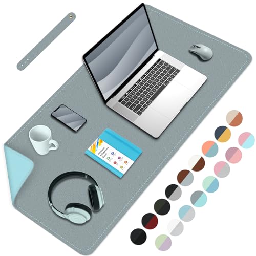 BLESWIN Schreibtischmatte, PU Leder Schreibtischunterlage, Wasserdichtes großes Mauspad, Leicht zu reinigende Laptop Matte für den Schreibtisch, Mauspad für Büro/Haus/Deko-Grau+Hellblau, 80cmx 40cm von BLESWIN