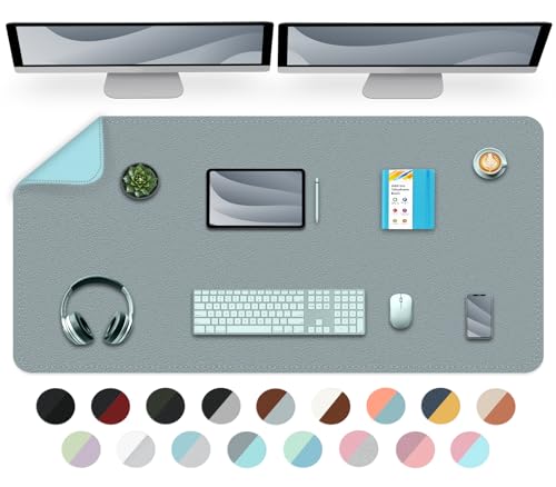 Doppelseitige Schreibtischunterlage, Wasserdichte Schreibtischunterlage Tischschutz, Leicht zu reinigen Laptopmatte Großes Mauspad Leder Schreibunterlage mit Wildleder-120cmx60cm, Grau+Hellblau von BLESWIN