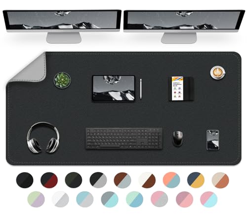Doppelseitige Schreibtischunterlage, wasserdichte PU-Leder-Schreibtischunterlage, leicht zu reinigender Tischschutz, Laptop-Schreibtischunterlage für Büro/Haus-120x60cm, Schwarz+Grau von BLESWIN