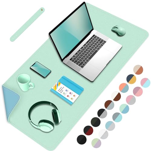 BLESWIN Schreibtischmatte, PU Leder Schreibtischunterlage, Wasserdichtes großes Mauspad, Schreibtisch Tischschutzmatte, Mauspad für Büro/Haus/Deko-Seegrün+Blau, 80cmx 40cm von BLESWIN