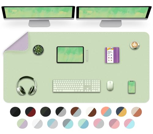 Multifunktionale Schreibtischunterlage mit Nährand, wasserdichtes PU-Leder, Mauspad, Schreibunterlage für Büro und Zuhause, beidseitig-Matcha+Violett, 120cm x 60cm von BLESWIN
