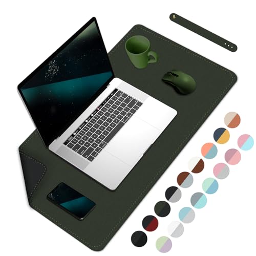 BLESWIN Schreibtischmatte, PU Leder Schreibtischunterlage, Wasserdichtes großes Mauspad, Leicht zu reinigende Laptop Matte für den Schreibtisch-Dunkelgrün+Schwarz, 60cmx35cm von BLESWIN